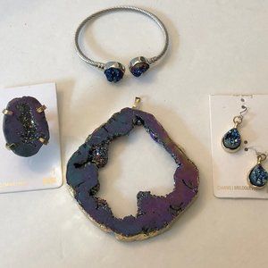 Blue/Purple Druzy Quartz Geode Slice 4 pce set.NEW. Breast Cancer Fundraiser.